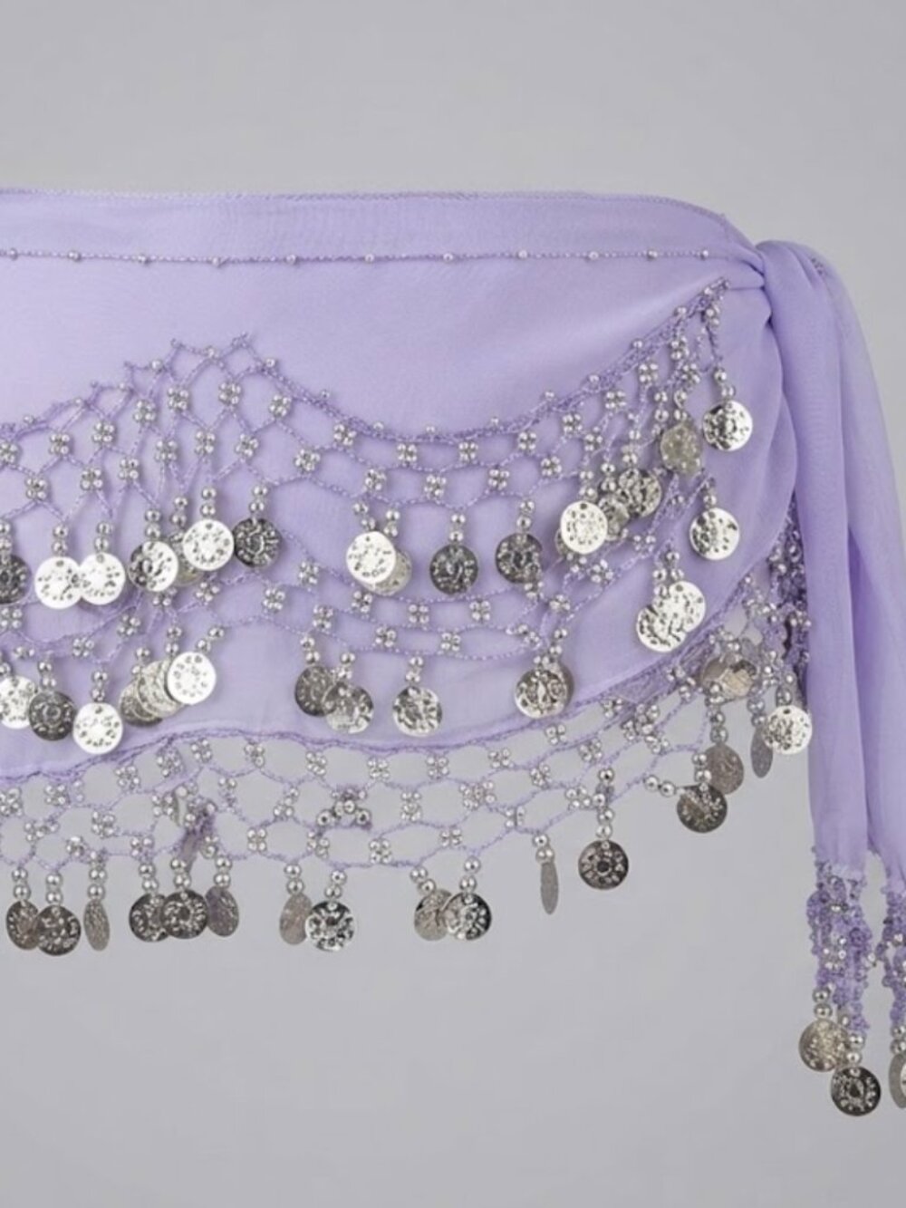 Lavender Belly Dance Hip Scarf Chiffon Silver Coins & Beads Wrap Belt Festival